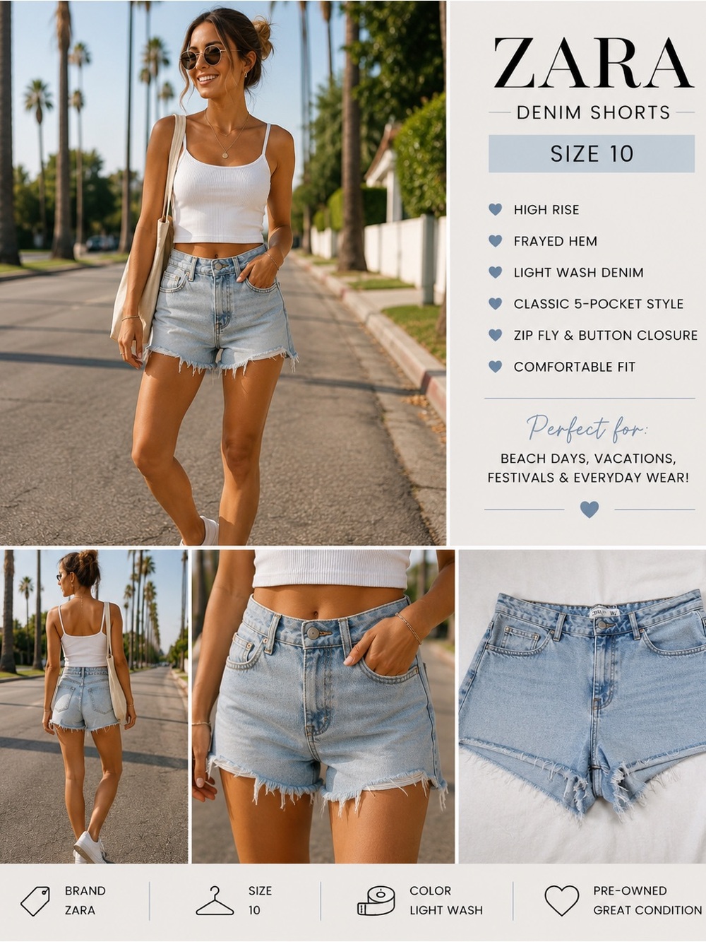 Zara Light Wash Frayed Hem High-Rise Denim Shorts
